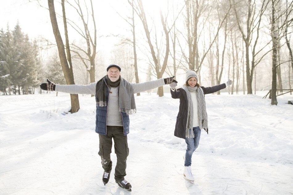 Older adults stay active in the winter by skiing